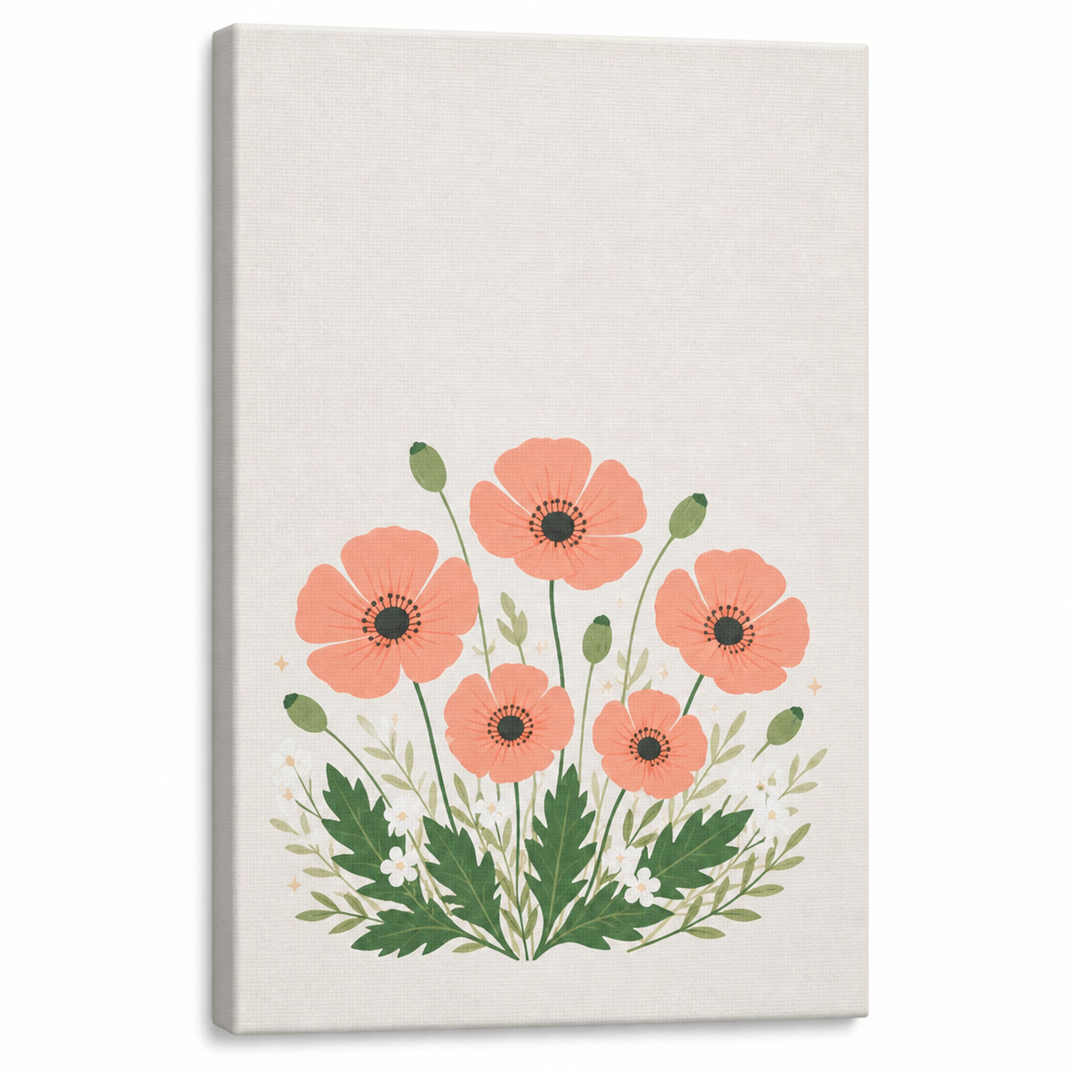 Five Coral Poppies Botanical Floater Frame Canvas Wall Art — styled room view, image 7