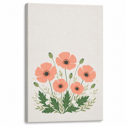 Five Coral Poppies Botanical Floater Frame Canvas Wall Art | Stretched Canvas SKU