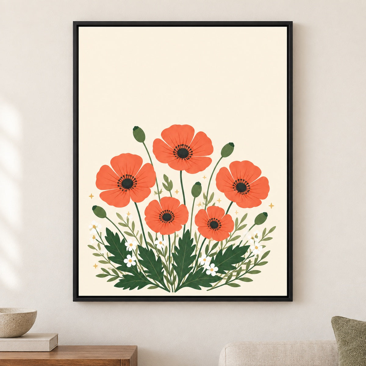 Five Coral Poppies Botanical Floater Frame Canvas Wall Art - Black Frame closeup wall view
