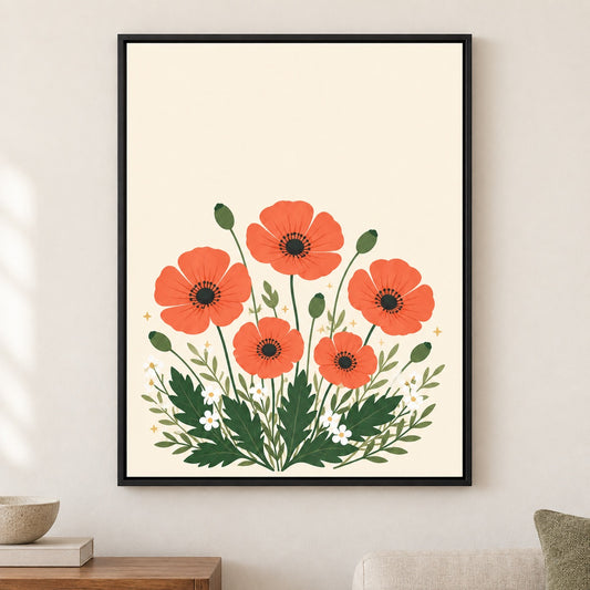 Five Coral Poppies Botanical Floater Frame Canvas Wall Art - Black Frame closeup wall view