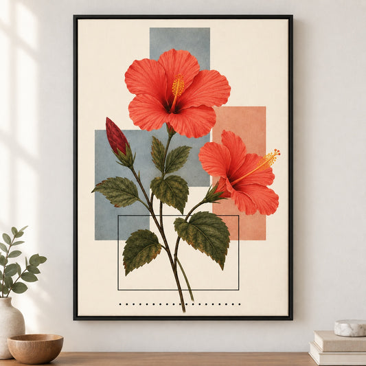 Hibiscus Geometric Collage Floater Frame Canvas Wall Art - Black Frame closeup wall view