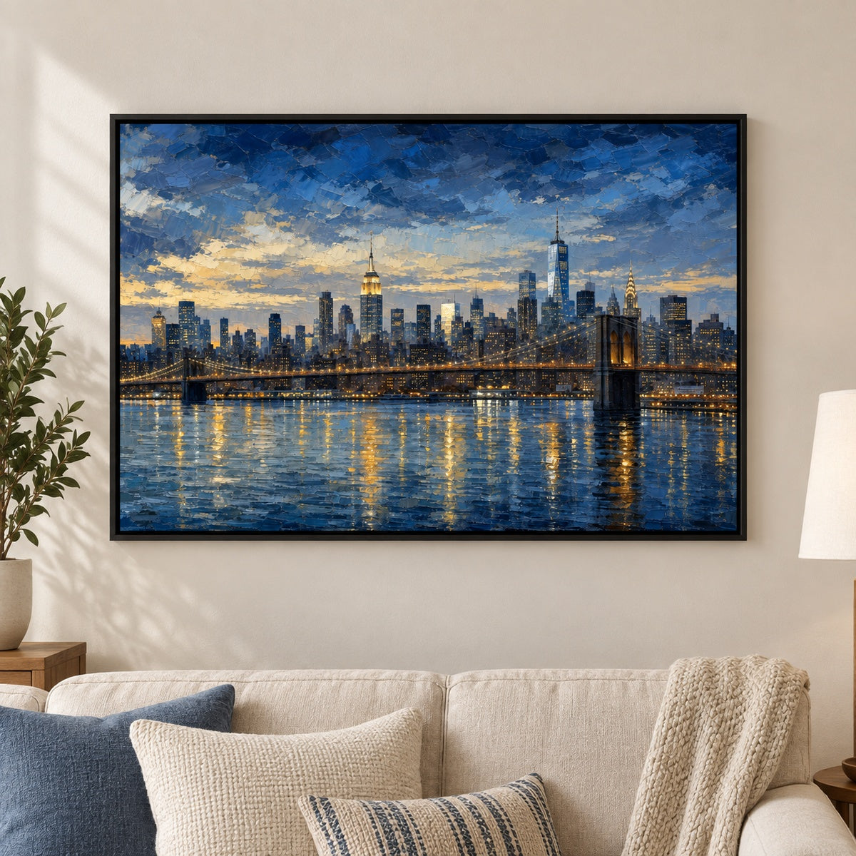 New York Blue Hour Skyline Floater Frame Canvas Wall Art - approved Black Frame closeup wall view