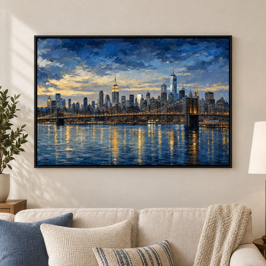 New York Blue Hour Skyline Floater Frame Canvas Wall Art - approved Black Frame closeup wall view
