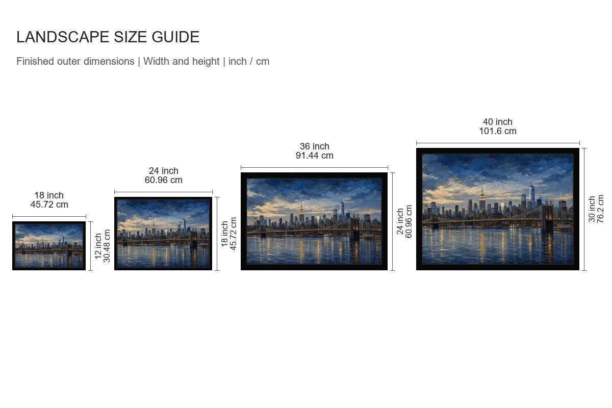 New York Blue Hour Skyline Floater Frame Canvas Wall Art - approved size comparison guide (cm)