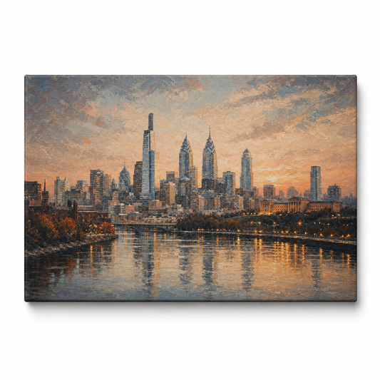 Philadelphia Sunset Skyline Floater Frame Canvas Wall Art | Stretched Canvas SKU