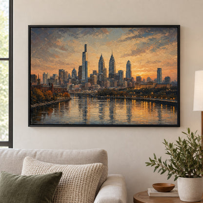Philadelphia Sunset Skyline Floater Frame Canvas Wall Art - approved Black Frame closeup wall view