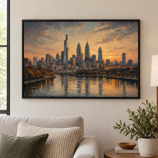 Philadelphia Sunset Skyline Floater Frame Canvas Wall Art - approved Black Frame closeup wall view