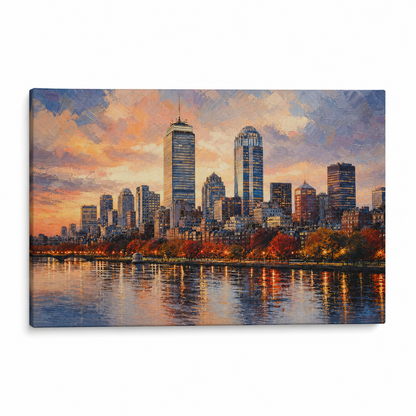 Boston Autumn Sunset Skyline Floater Frame Canvas Wall Art | Stretched Canvas SKU