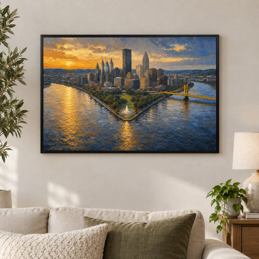 Pittsburgh Three Rivers Skyline Floater Frame Canvas Wall Art - approved Black Frame closeup wall view