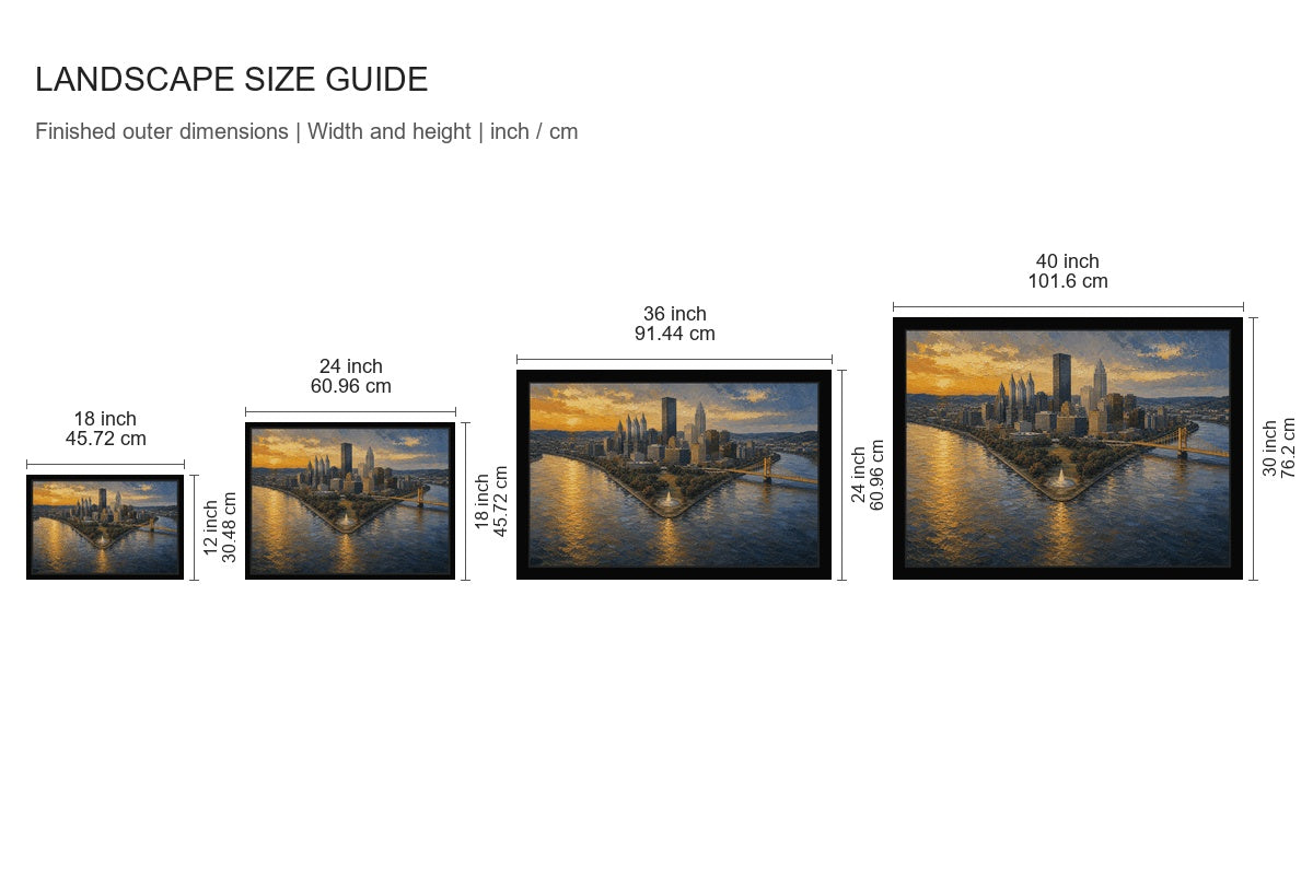 Pittsburgh Three Rivers Skyline Floater Frame Canvas Wall Art - approved size comparison guide (cm)