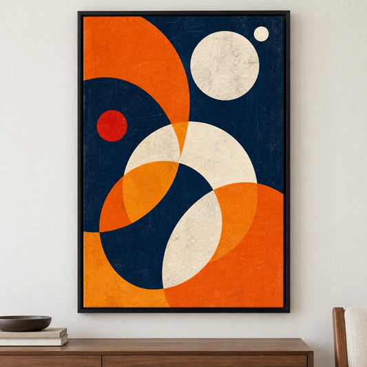 Navy Bauhaus Orbit Abstract Floater Frame Canvas Wall Art - Black Frame closeup wall view