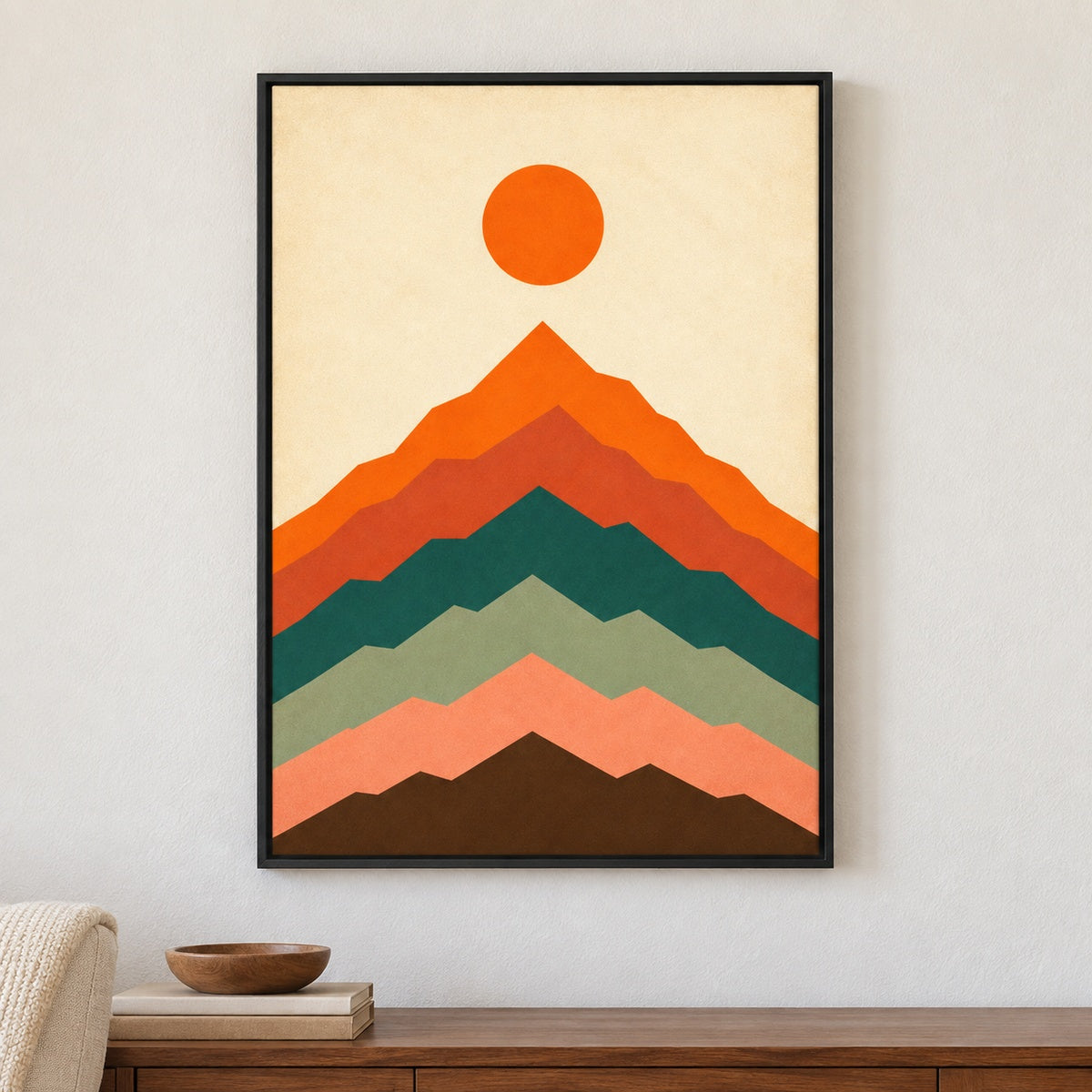 Layered Modernist Mountain Floater Frame Canvas Wall Art - Black Frame closeup wall view