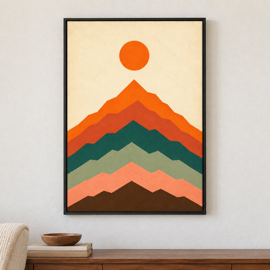 Layered Modernist Mountain Floater Frame Canvas Wall Art - Black Frame closeup wall view
