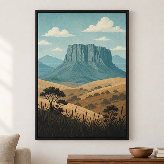 Blue Green Mesa Landscape Floater Frame Canvas Wall Art - Black Frame closeup wall view