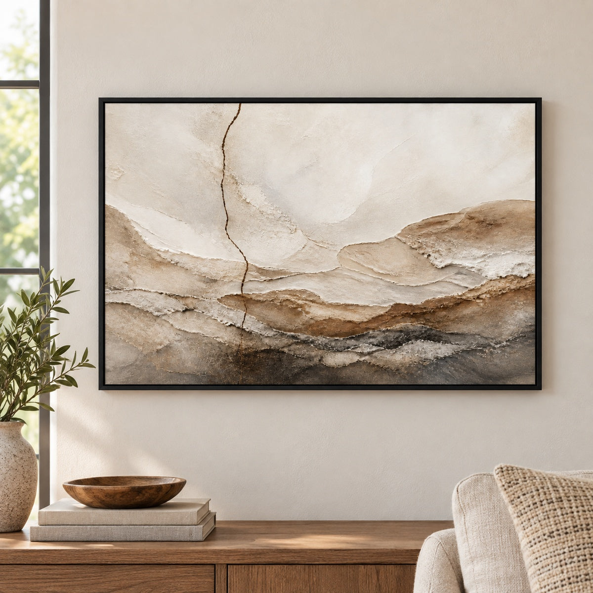Warm Neutral Mineral Texture Abstract Floater Frame Canvas Wall Art - approved Black Frame closeup wall view