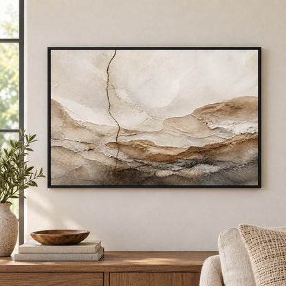 Warm Neutral Mineral Texture Abstract Floater Frame Canvas Wall Art - approved Black Frame closeup wall view