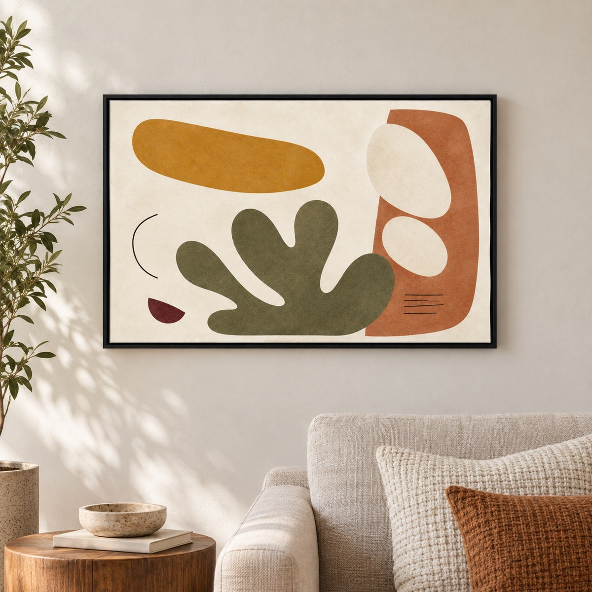 Soft Mid Century Organic Geometric Floater Frame Canvas Wall Art - approved Black Frame closeup wall view