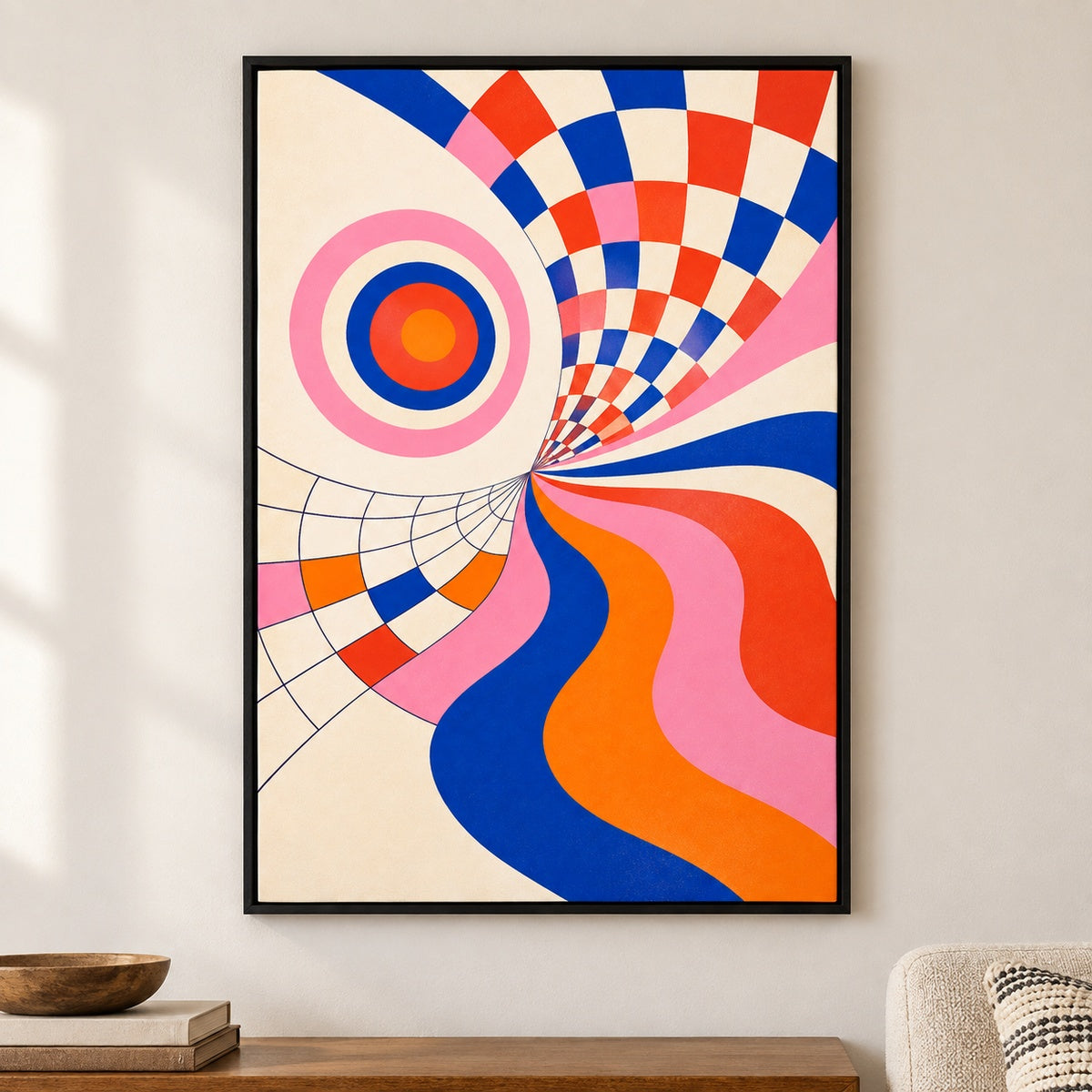 Colorful Optical Illusion Geometric Floater Frame Canvas Wall Art - Black Frame closeup wall view