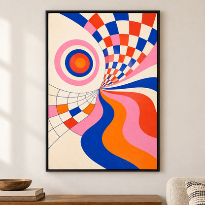 Colorful Optical Illusion Geometric Floater Frame Canvas Wall Art - Black Frame closeup wall view