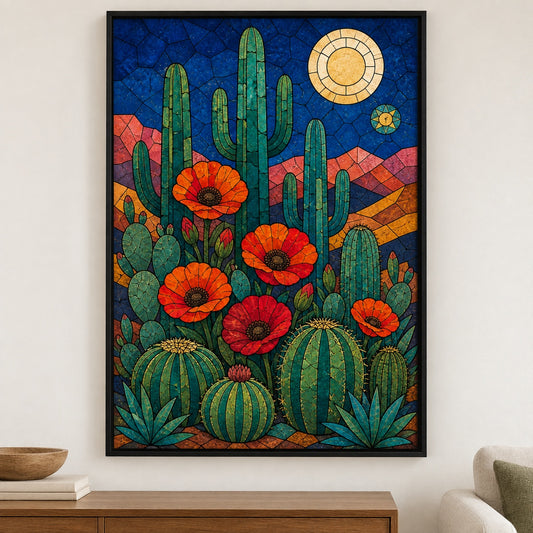 Stained Glass Desert Cactus and Poppy Canvas Wall Art - Black Frame closeup wall view