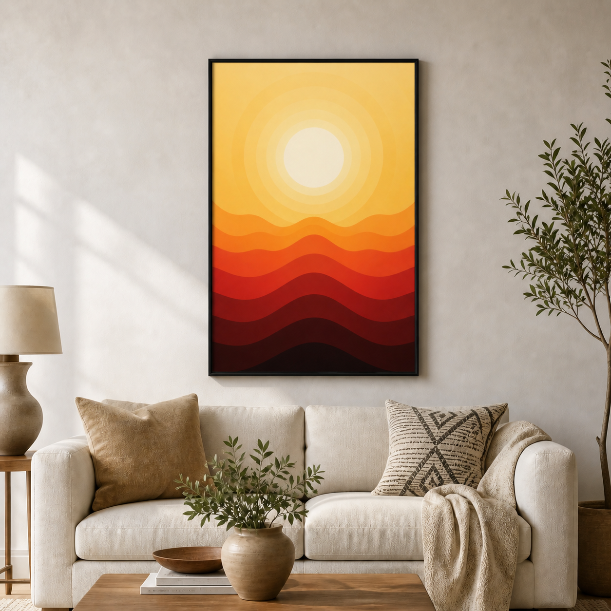 warm-concentric-sun-and-layered-dunes-wall-art | black-frame-24x36-wall-scene