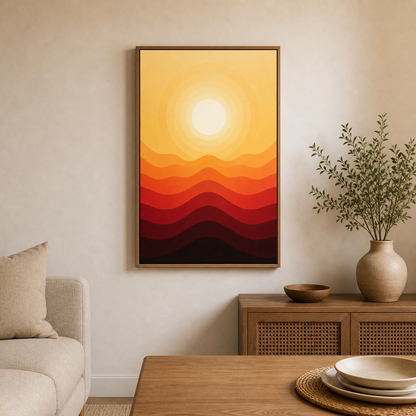 warm-concentric-sun-and-layered-dunes-wall-art | brown-frame-24x36-wall-scene