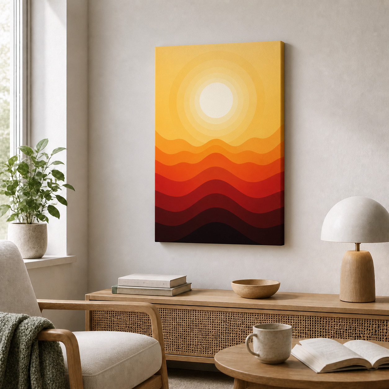 warm-concentric-sun-and-layered-dunes-wall-art | frameless-24x36-wall-scene