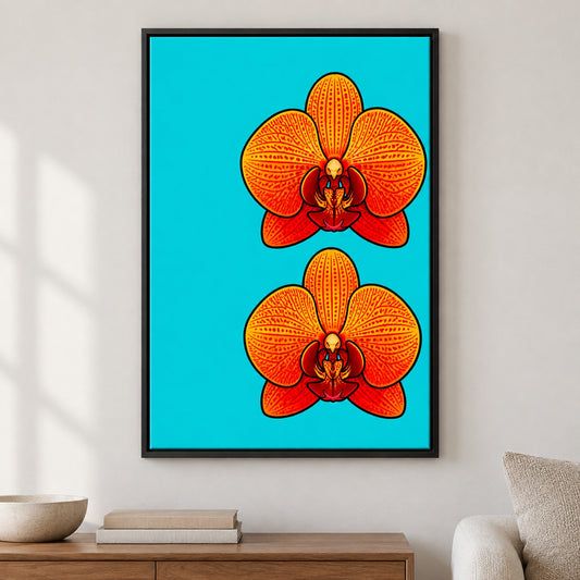 Orange Red Orchid Pop Art Canvas Wall Art - Black Frame closeup wall view