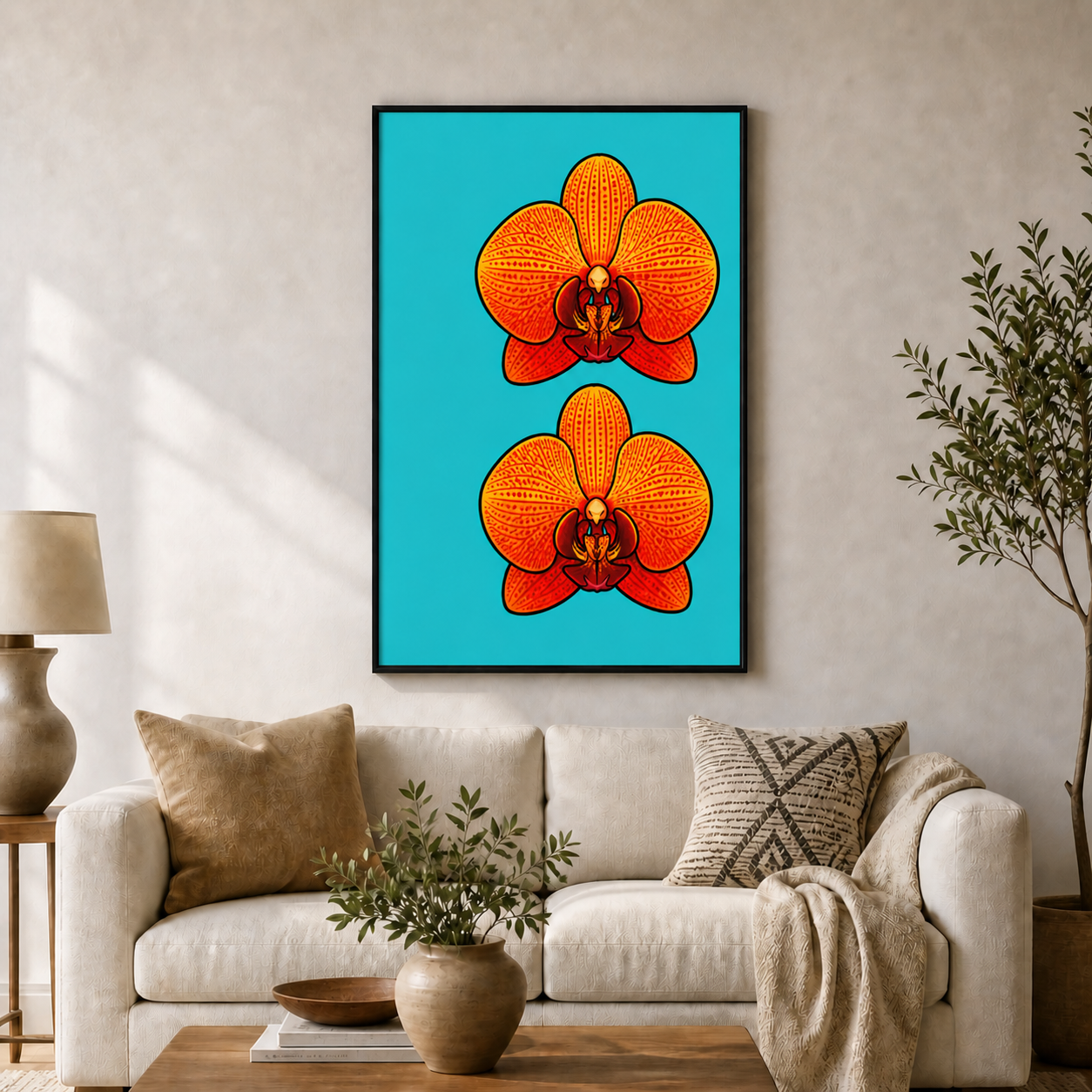 orange-red-orchid-pop-art-wall-art | black-frame-24x36-wall-scene