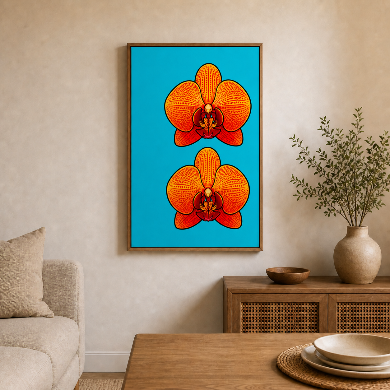 orange-red-orchid-pop-art-wall-art | brown-frame-24x36-wall-scene