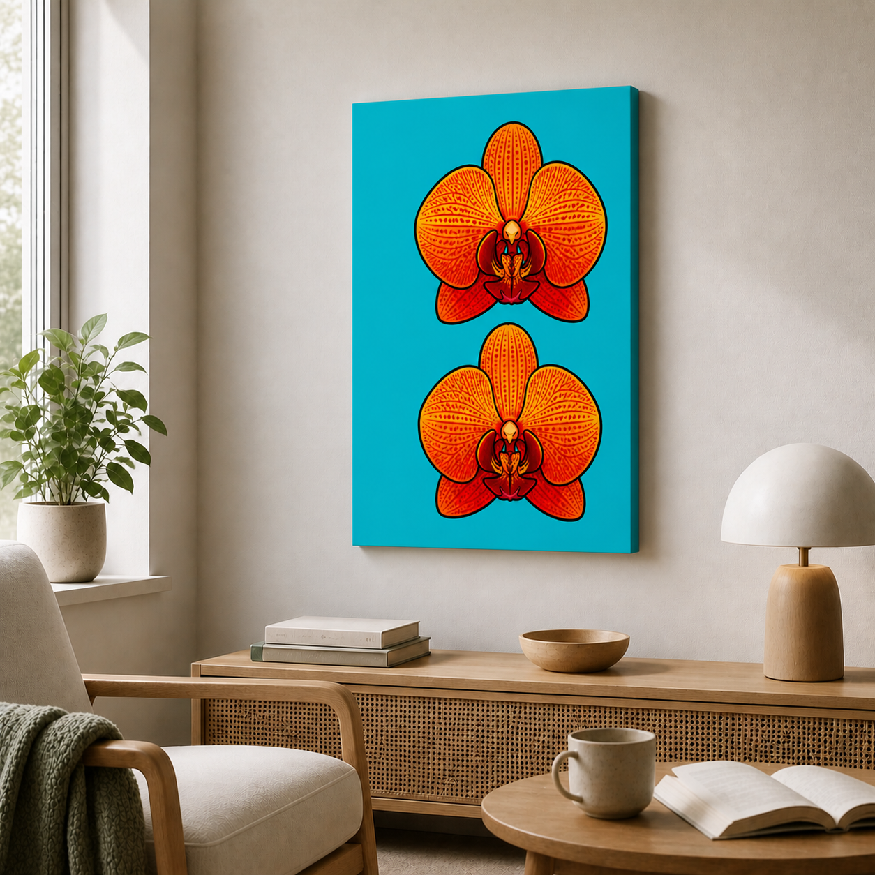 orange-red-orchid-pop-art-wall-art | frameless-24x36-wall-scene