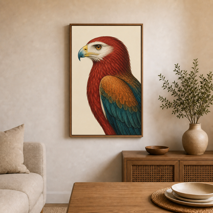 vintage-red-raptor-portrait-wall-art | brown-frame-24x36-wall-scene