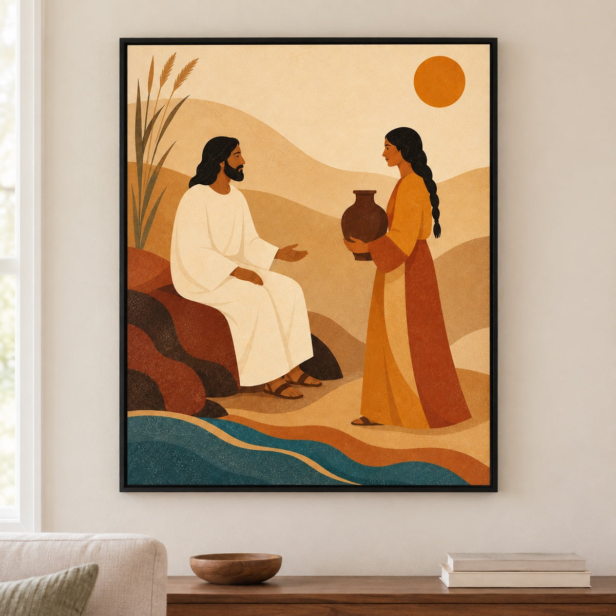 Jesus and the Samaritan Woman Christian Canvas Wall Art - Black Frame closeup wall view