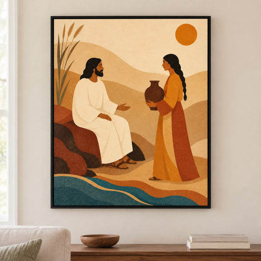 Jesus and the Samaritan Woman Christian Canvas Wall Art - Black Frame closeup wall view