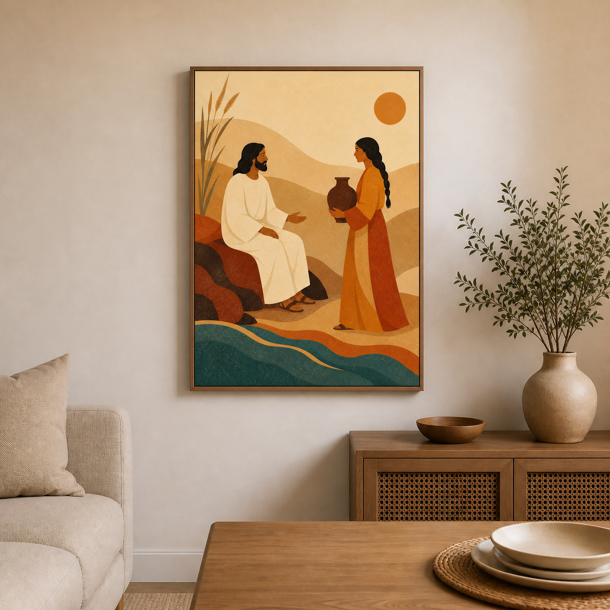 jesus-and-the-samaritan-woman-wall-art | brown-frame-24x36-wall-scene