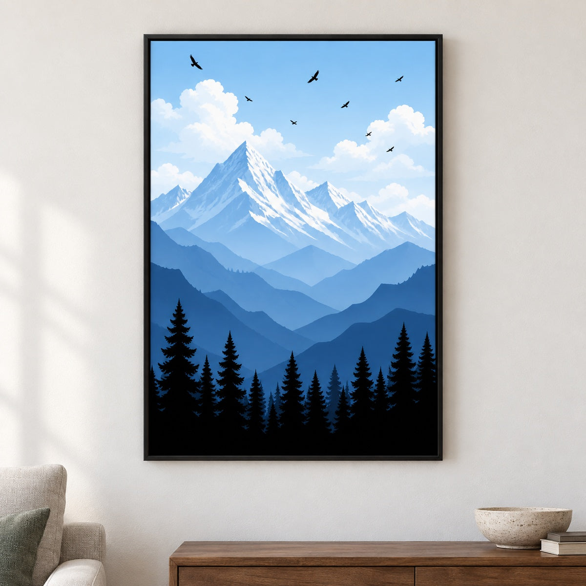 Blue Mountain Pine Forest Canvas Wall Art - Black Frame closeup wall view