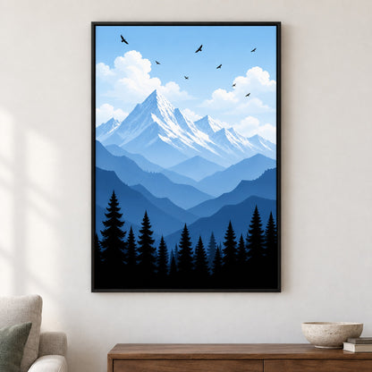 Blue Mountain Pine Forest Canvas Wall Art - Black Frame closeup wall view