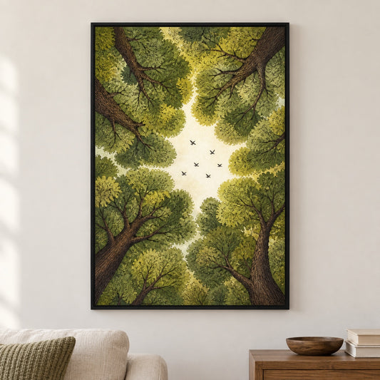 Forest Canopy Birds Canvas Wall Art - Black Frame closeup wall view