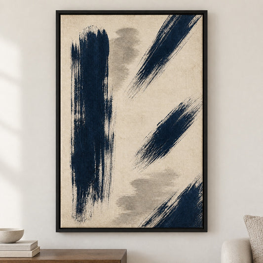 Navy Dry Brush Abstract Canvas Wall Art - Black Frame closeup wall view