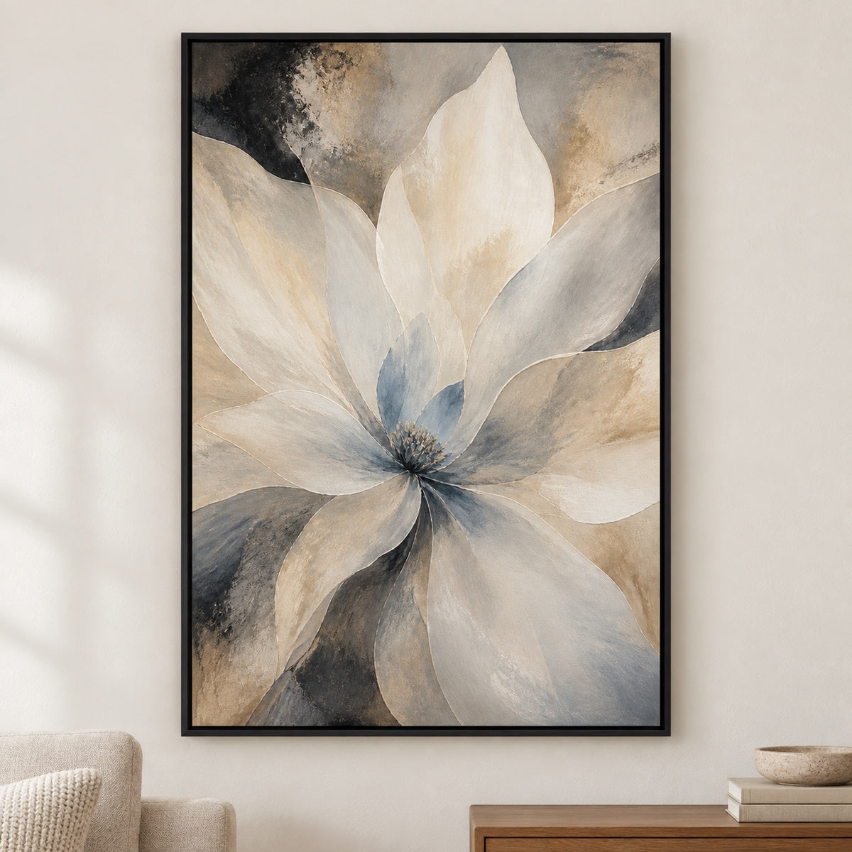Neutral Abstract Flower Canvas Wall Art - Black Frame closeup wall view