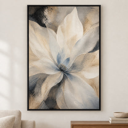 Neutral Abstract Flower Canvas Wall Art - Black Frame closeup wall view