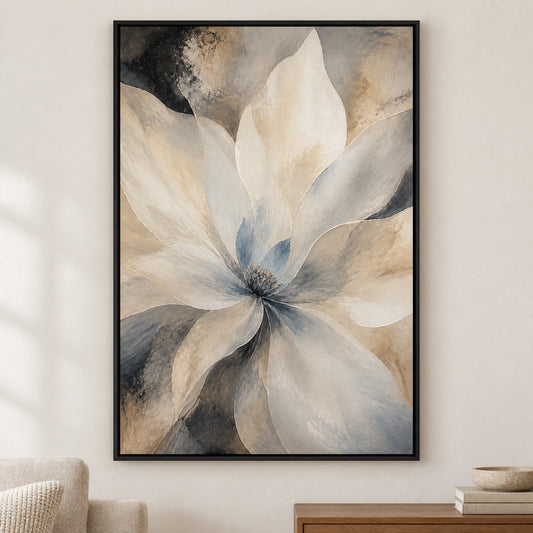 Neutral Abstract Flower Canvas Wall Art - Black Frame closeup wall view