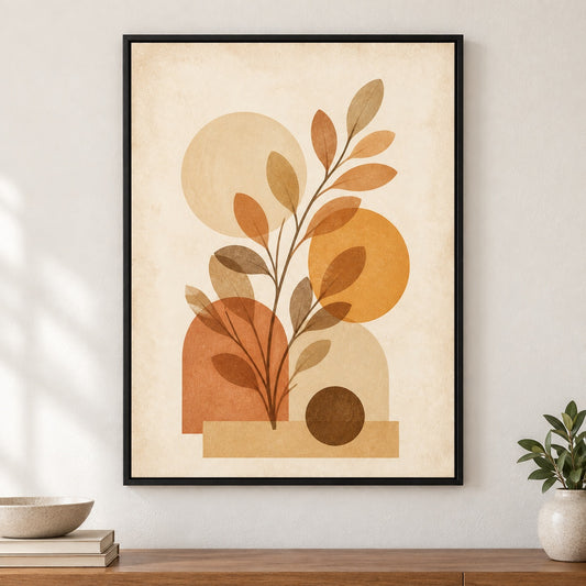 Boho Botanical Geometric Canvas Wall Art - Black Frame closeup wall view