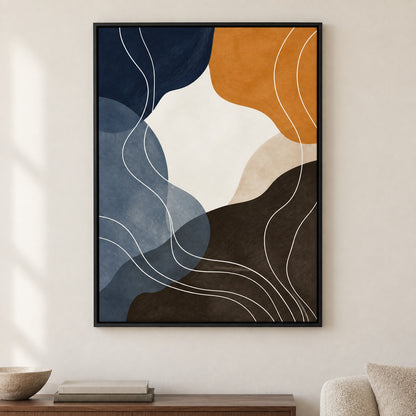 Navy Caramel Organic Contour Canvas Wall Art - Black Frame closeup wall view