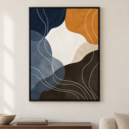 Navy Caramel Organic Contour Canvas Wall Art - Black Frame closeup wall view
