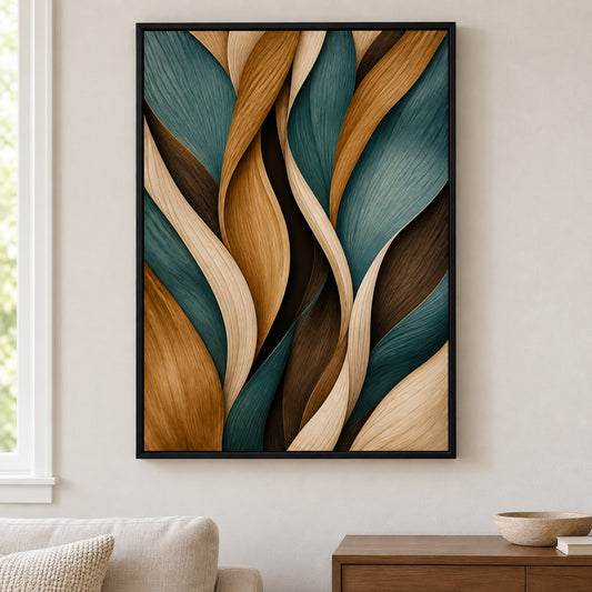 Woven Ribbon Leaves Canvas Wall Art - Black Frame closeup wall view