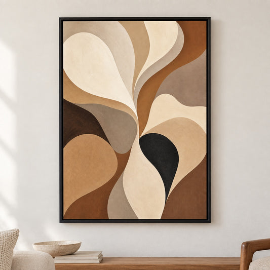 Neutral Flowing Organic Abstract Canvas Wall Art - Black Frame closeup wall view