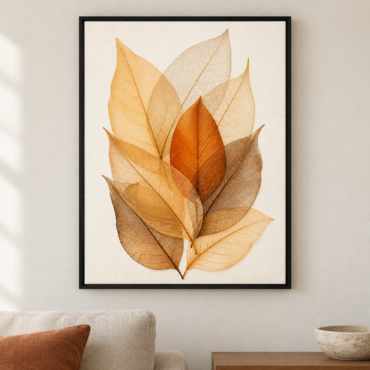 Amber Skeleton Leaves Canvas Wall Art - Black Frame closeup wall view