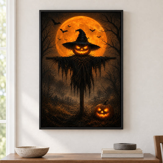 Angry Pumpkin Scarecrow Halloween Canvas Wall Art - Black Frame closeup wall view
