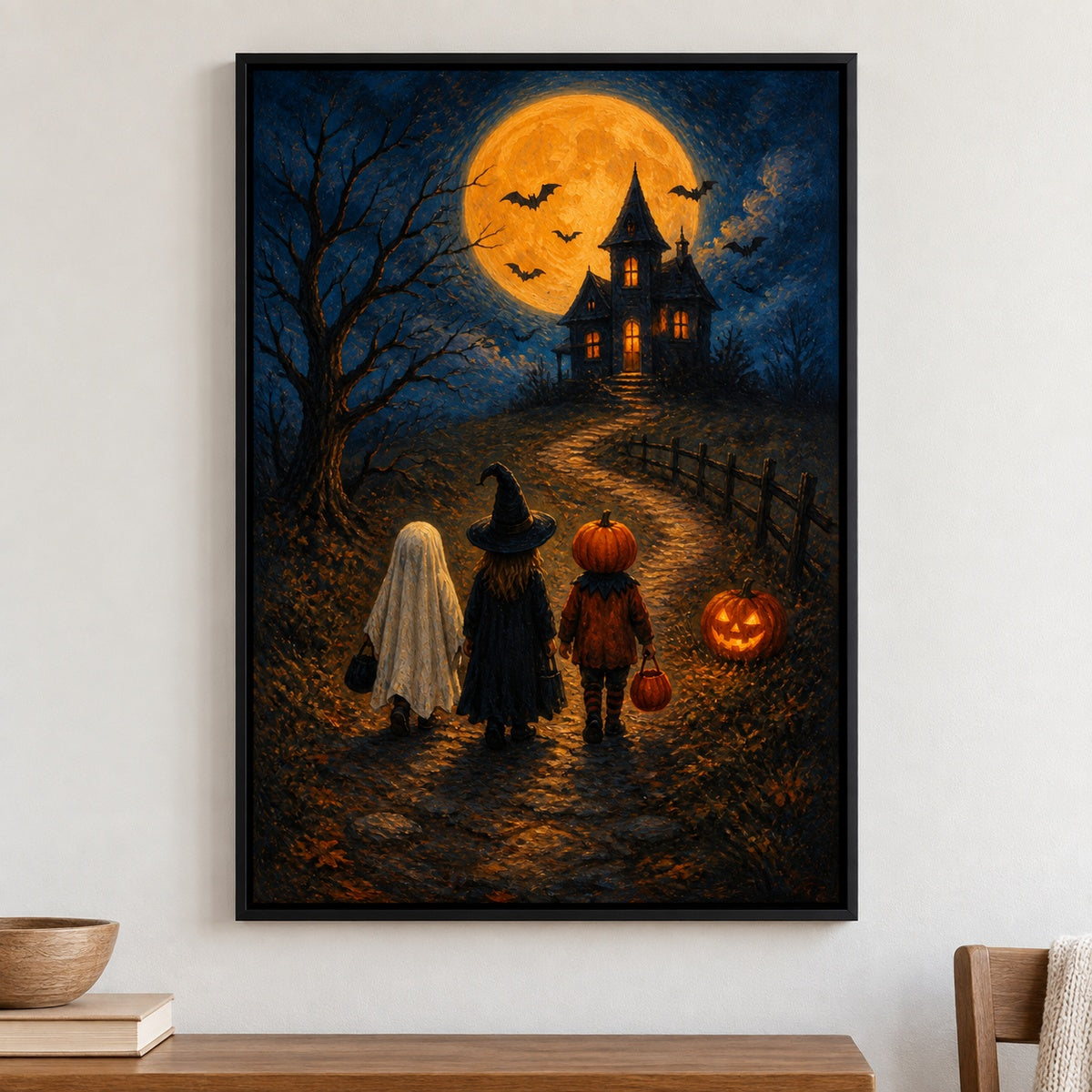 Trick or Treat Haunted House Halloween Canvas Wall Art - Black Frame closeup wall view